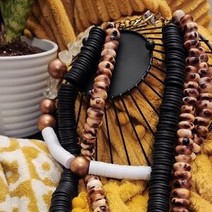 Chic Beaded Necklace Set - Black, White, Copper
